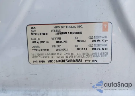 2017 Tesla Model X 100D/75D/90D z USA, uszkodzony, nr VIN 5YJXCDE23HF045888